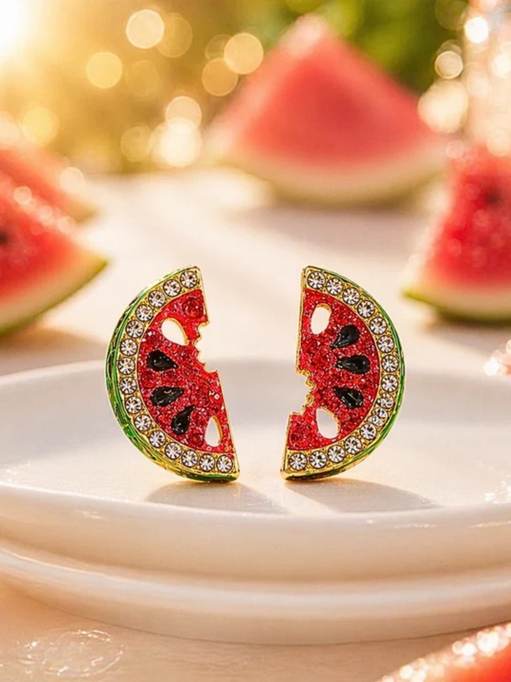 Red & Green Watermelon Slice Crystal Stud Earrings